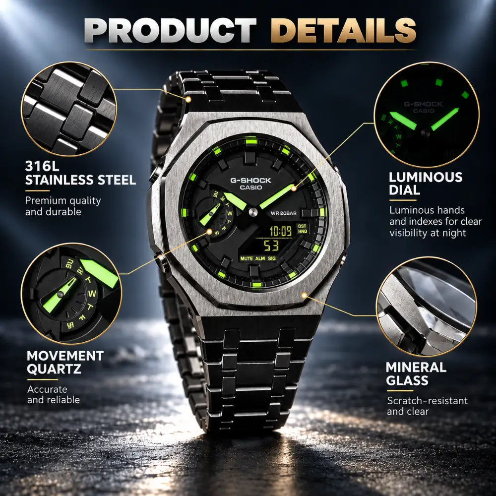 Custom Watch – Black Green Steel – Mod G-Shock GA2100