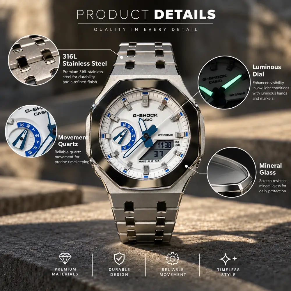 Custom Watch – Silver White Blue Mirror Polish