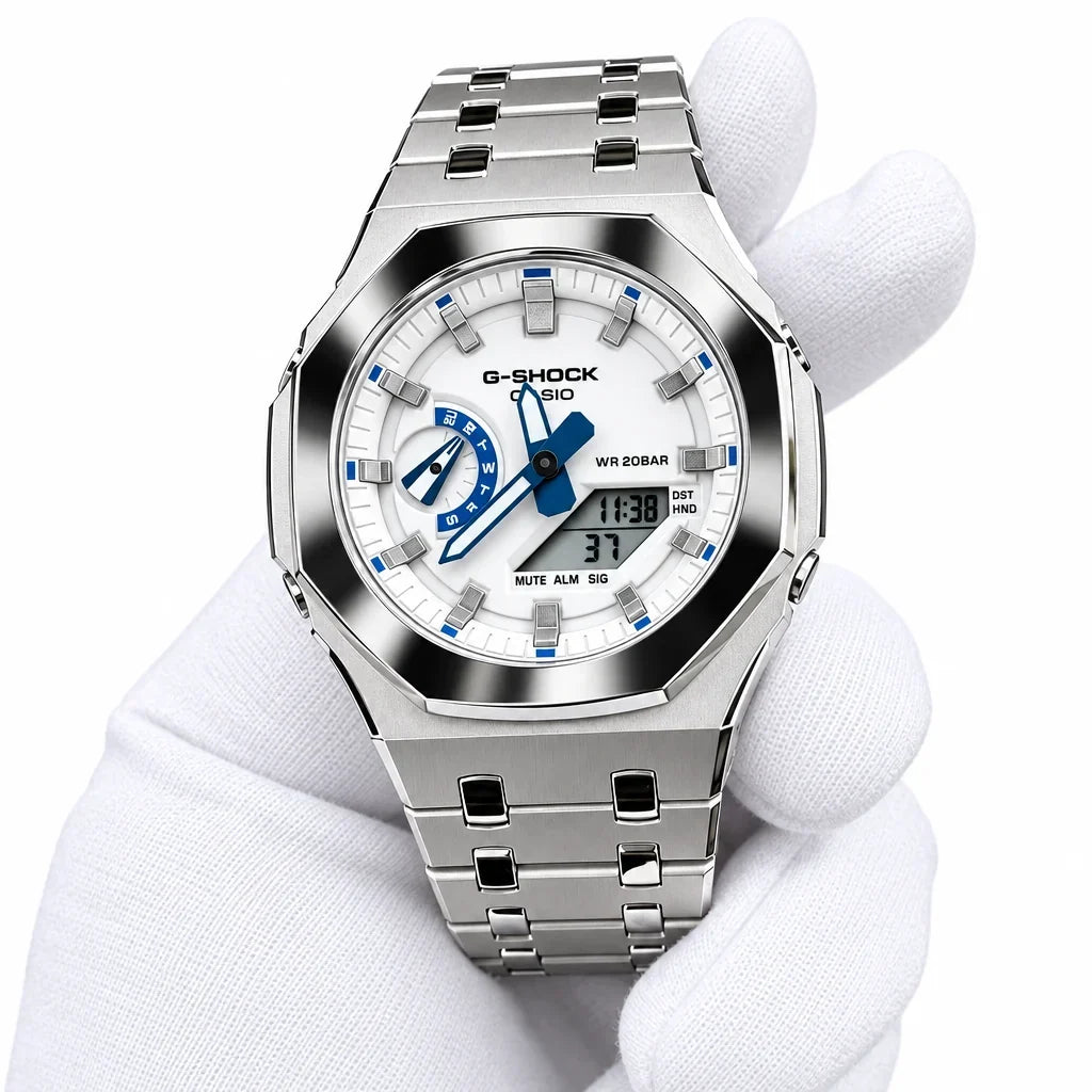 Custom Watch – Silver White Blue Mirror Polish