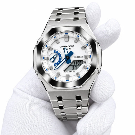 Custom Watch – Silver White Blue Mirror Polish