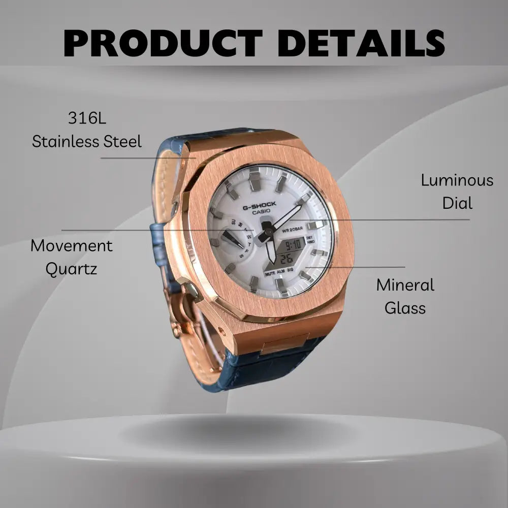 Casionaut Custom Watch – White Blue Alligator Leather - G-Shock GA2100 Mod