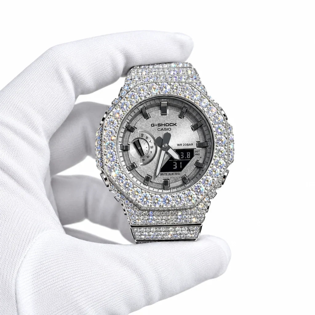 G-Shock Custom Hip Hop Watch – Moissanite 925 Full Silver IcedOut - Luxury GA2100 Mod