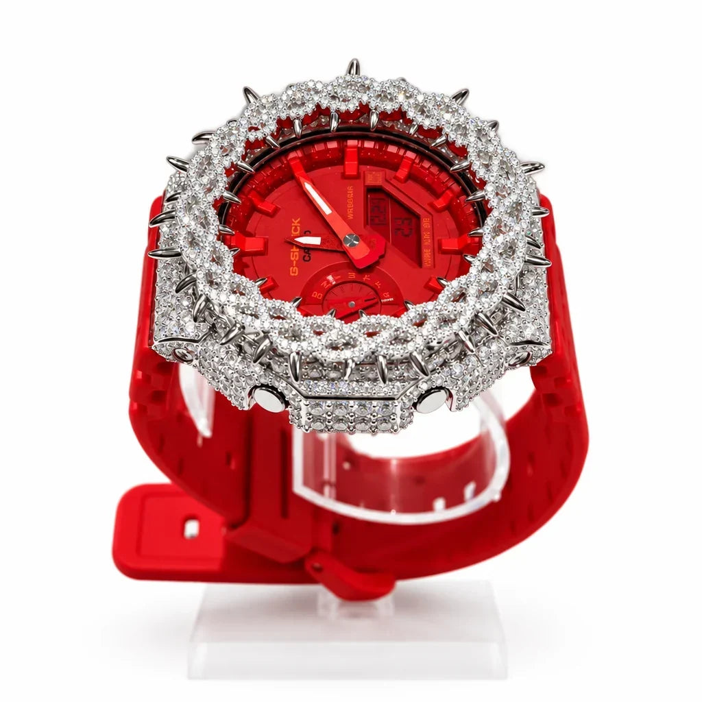 G-Shock Custom Hip Hop Watch – Moissanite 925 Full Silver IcedOut Thorn Red - Luxury Mod GA2100