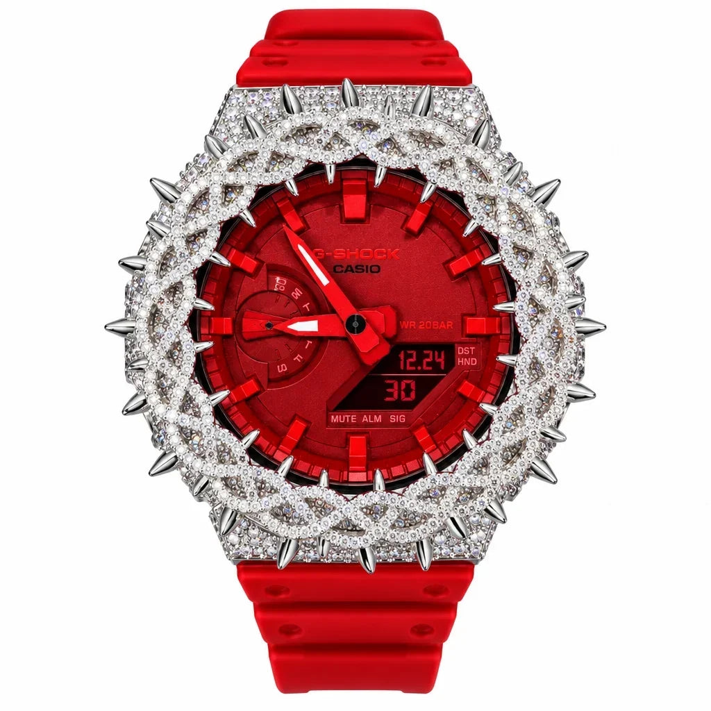 G-Shock Custom Hip Hop Watch – Moissanite 925 Full Silver IcedOut Thorn Red - Luxury Mod GA2100