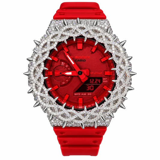 G-Shock Custom Hip Hop Watch – Moissanite 925 Full Silver IcedOut Thorn Red - Luxury Mod GA2100