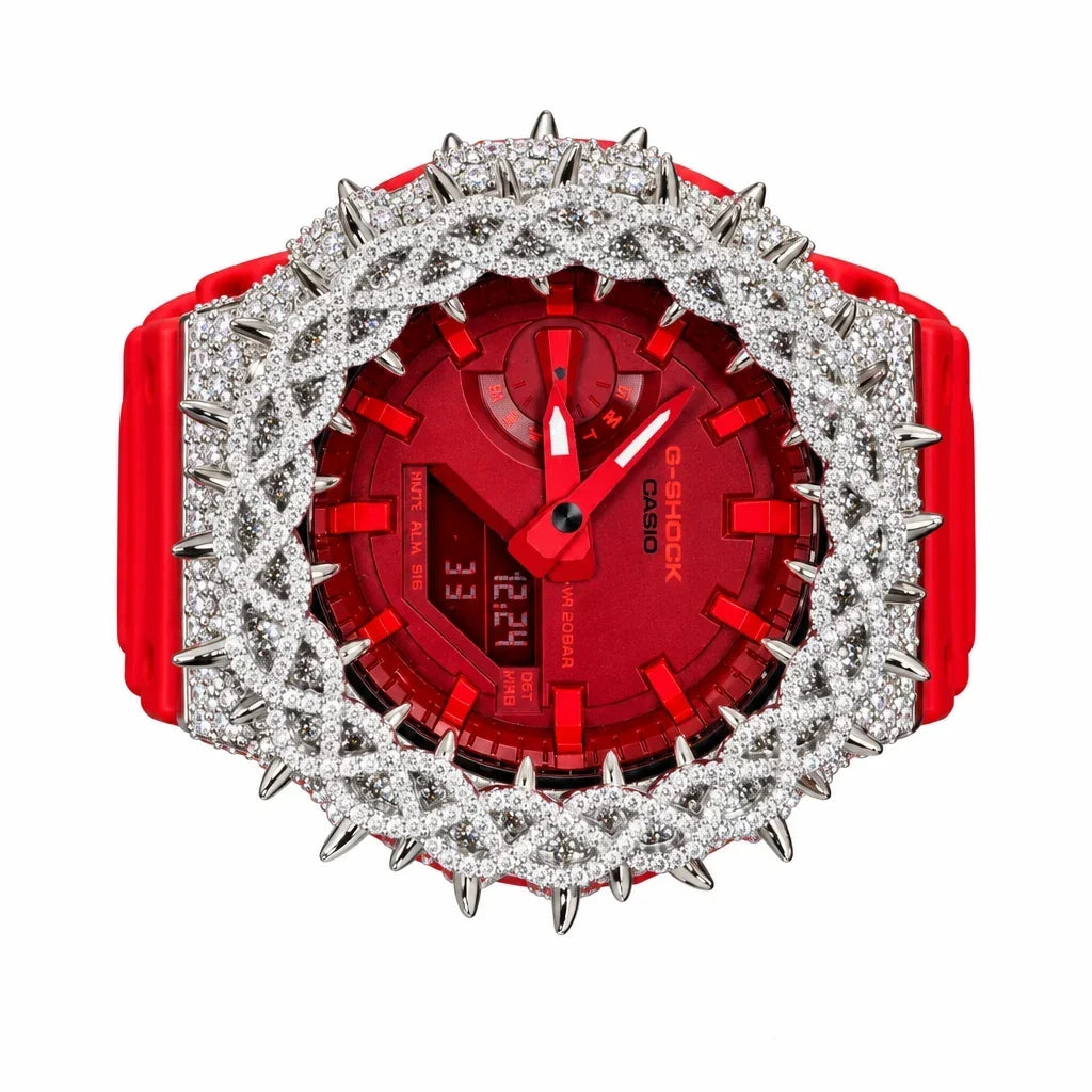 G-Shock Custom Hip Hop Watch – Moissanite 925 Full Silver IcedOut Thorn Red - Luxury Mod GA2100