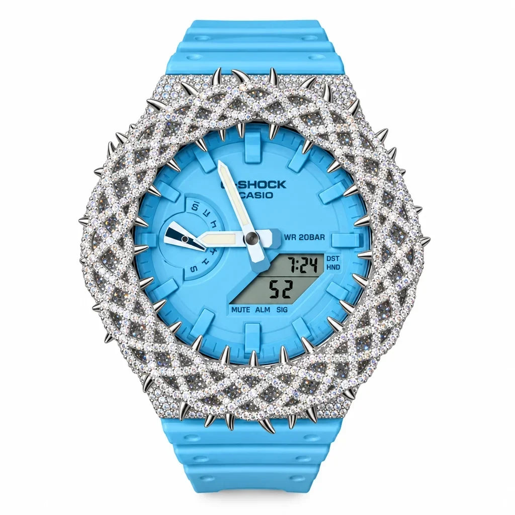 G-Shock Custom Hip Hop Watch – Moissanite 925 Gold IcedOut Thorn Blue - Luxury GA2100 Mod