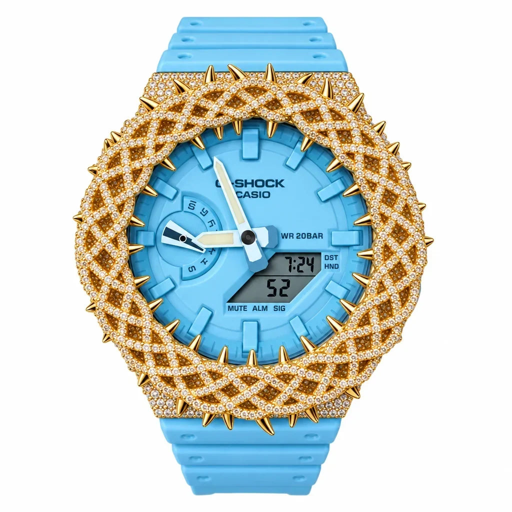 G-Shock Custom Hip Hop Watch – Moissanite 925 Gold IcedOut Thorn Blue - Luxury GA2100 Mod