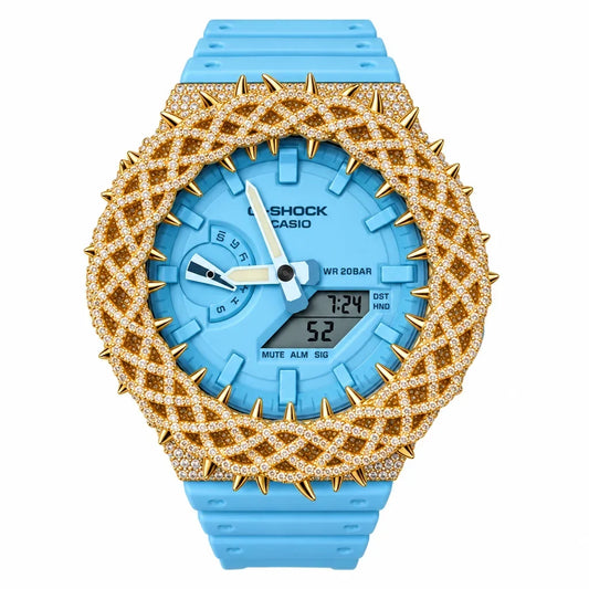 G-Shock Custom Hip Hop Watch – Moissanite 925 Gold IcedOut Thorn Blue - Luxury GA2100 Mod