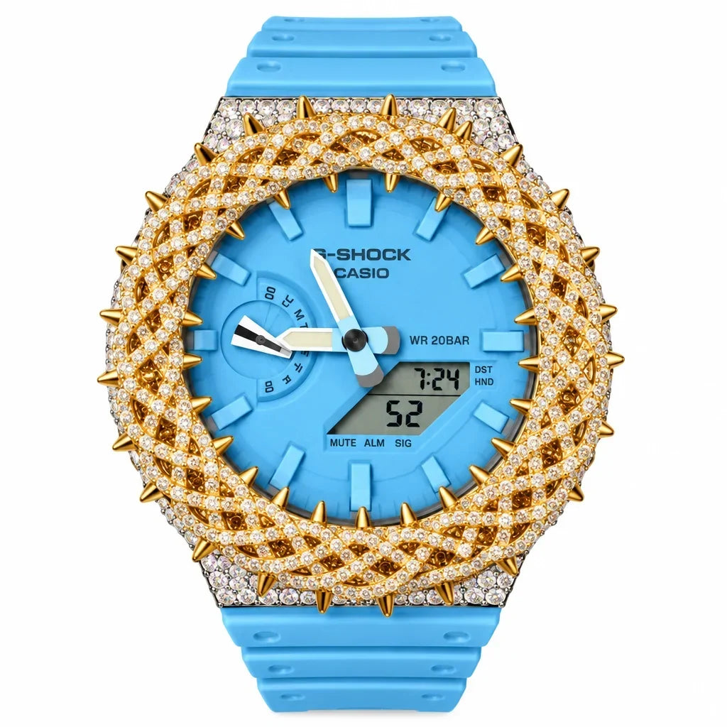 G-Shock Custom Hip Hop Watch – Moissanite 925 Gold IcedOut Thorn Blue - Luxury GA2100 Mod