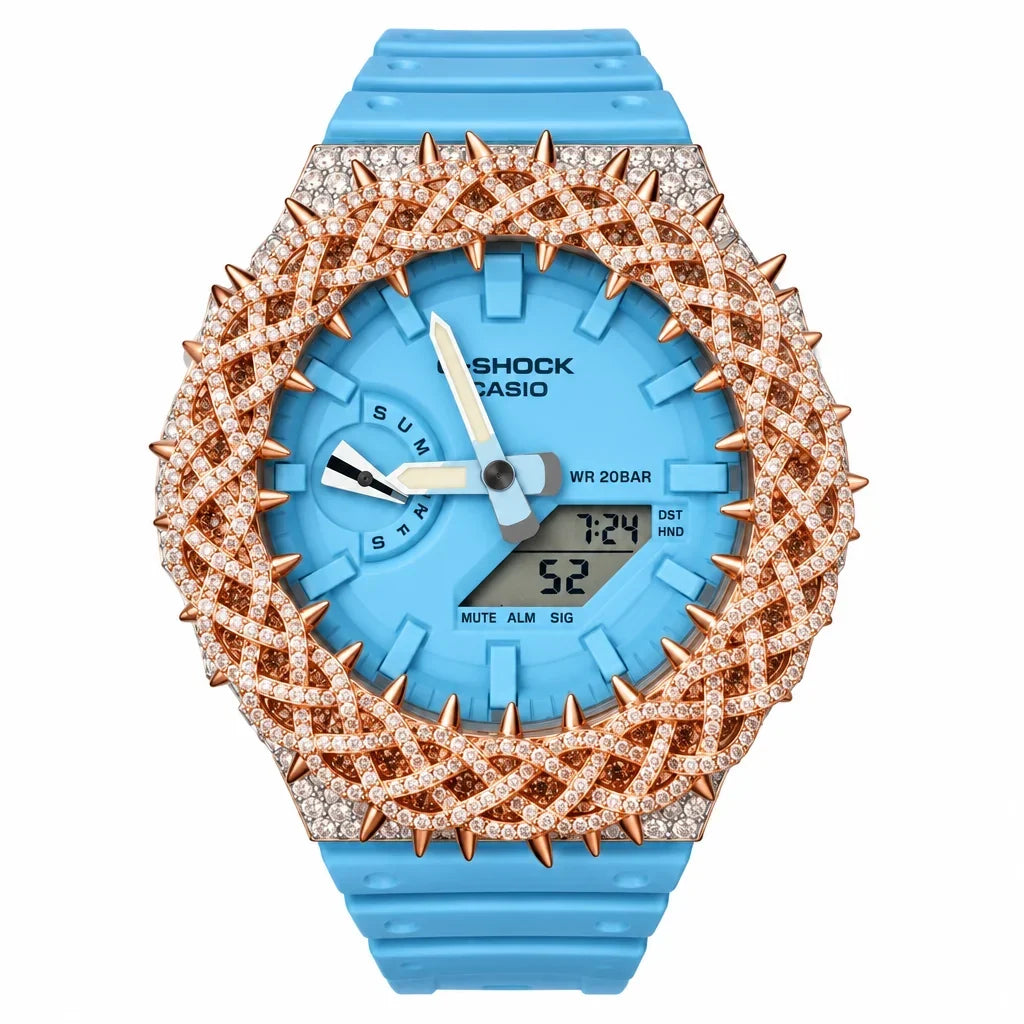 G-Shock Custom Hip Hop Watch – Moissanite 925 Gold IcedOut Thorn Blue - Luxury GA2100 Mod