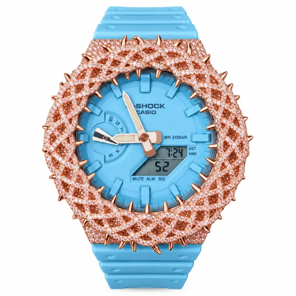 G-Shock Custom Hip Hop Watch – Moissanite 925 Gold IcedOut Thorn Blue - Luxury GA2100 Mod