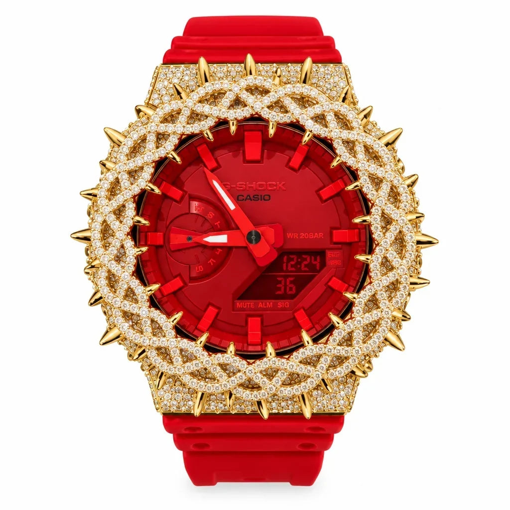 G-Shock Custom Hip Hop Watch – Moissanite 925 Gold IcedOut Thorn Red - Luxury GA2100 Mod
