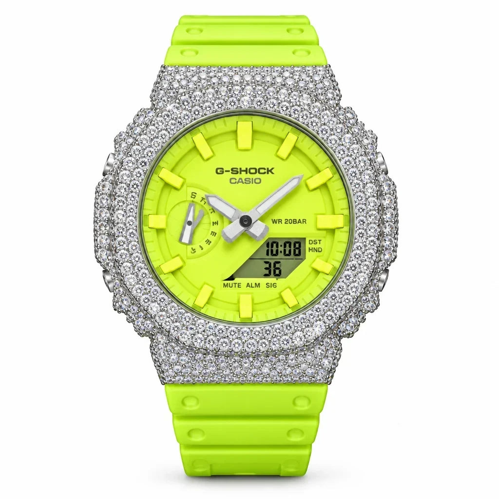 G-Shock Custom Hip Hop Watch – Moissanite 925 Silver IcedOut Fluorescent Yellow Dial - Luxury GA2100 Mod