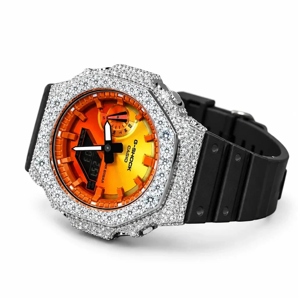 G-Shock Custom Hip Hop Watch – Moissanite 925 Silver IcedOut Orange Dial - Luxury GA2100 Mod