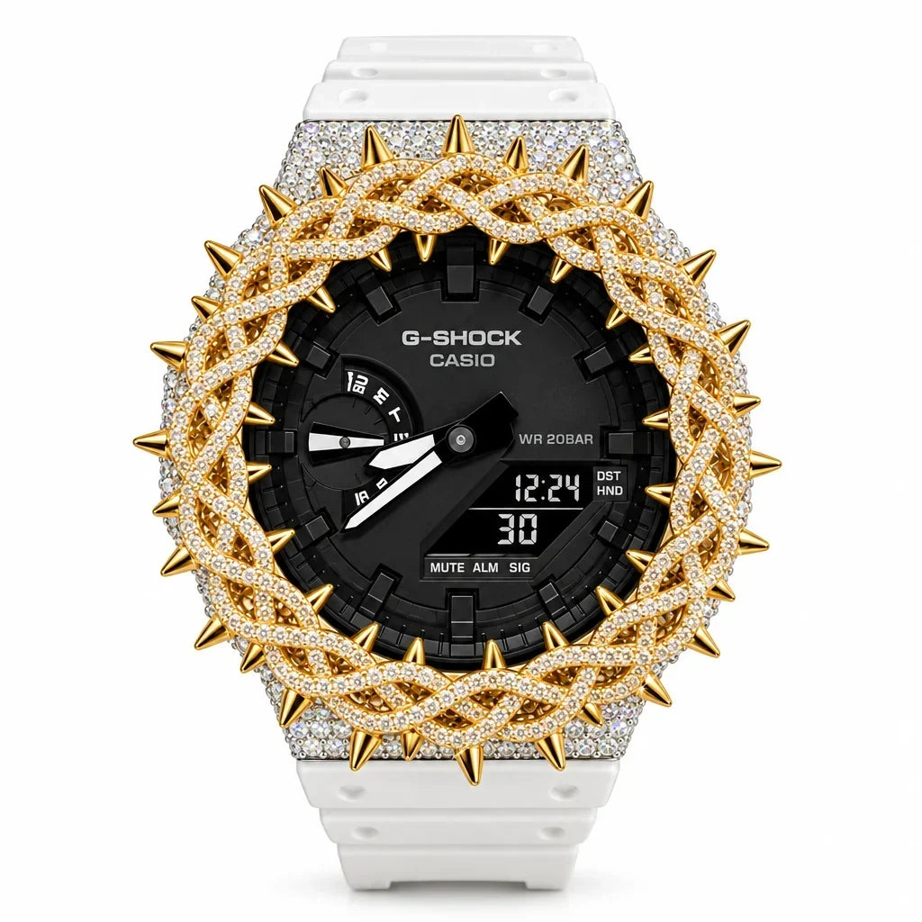 G-Shock Custom Hip Hop Watch – Moissanite 925 Silver IcedOut Thorn Black Silver/Gold - Luxury GA2100 Mod