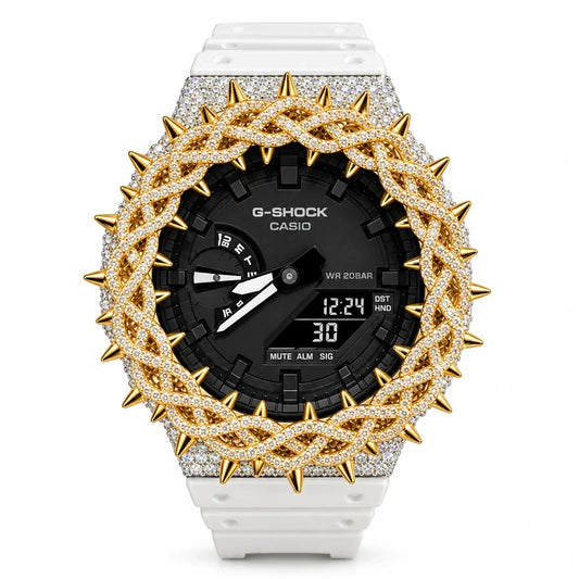 G-Shock Custom Hip Hop Watch – Moissanite 925 Silver IcedOut Thorn Black Silver/Gold - Luxury GA2100 Mod