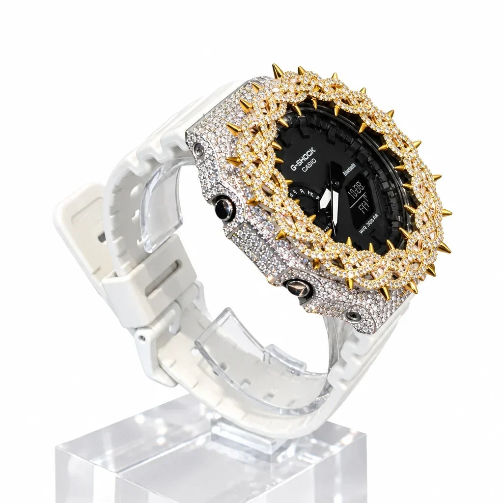 G-Shock Custom Hip Hop Watch – Moissanite 925 Silver IcedOut Thorn Black Silver/Gold - Luxury GA2100 Mod