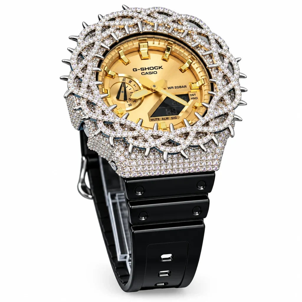 G-Shock Custom Hip Hop Watch – Moissanite 925 Silver IcedOut Thorn Black Gold - Luxury GA2100 Mod