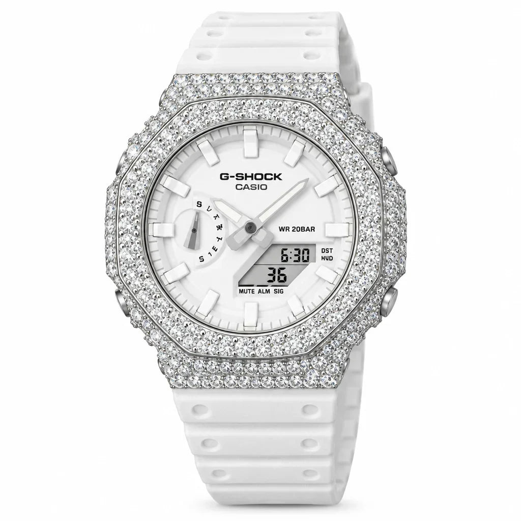 G-Shock Custom Hip Hop Watch – Moissanite 925 Silver IcedOut White Dial - Luxury GA2100 Mod