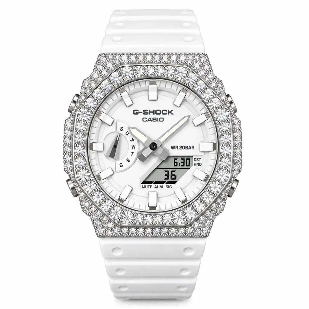 G-Shock Custom Hip Hop Watch – Moissanite 925 Silver IcedOut White Dial - Luxury GA2100 Mod