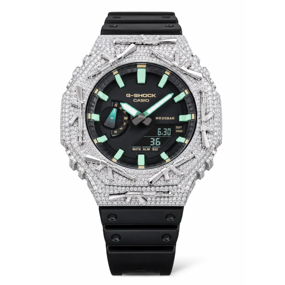 G-Shock Custom Hip Hop Watch – Moissanite AK Gun Blue Silver Iced Out - Luxury Mod GA2100