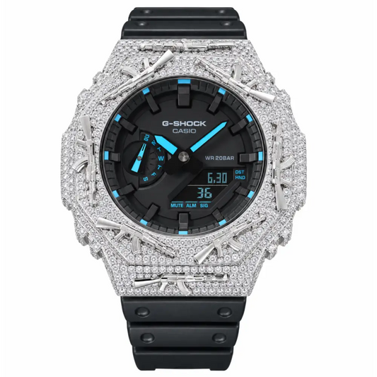G-Shock Custom Hip Hop Watch – Moissanite AK Gun Blue Silver Iced Out - Luxury Mod GA2100
