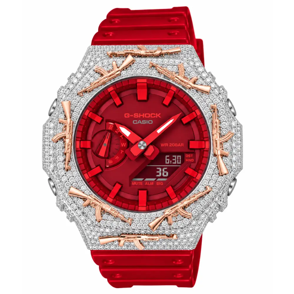 G-Shock Custom Hip Hop Watch – Moissanite AK Gun Rose Gold Iced Out - Luxury Mod GA2100