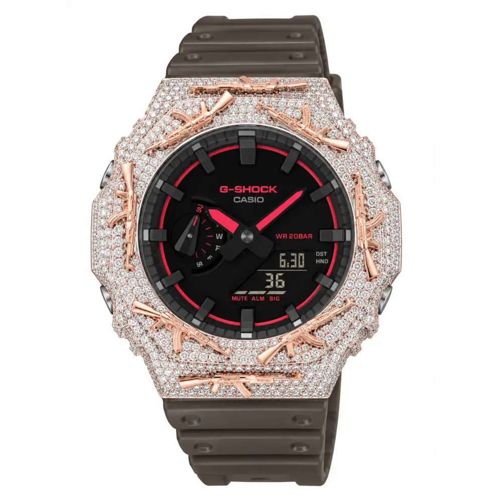 G-Shock Custom Hip Hop Watch – Moissanite AK Gun Rose Gold Iced Out - Luxury Mod GA2100