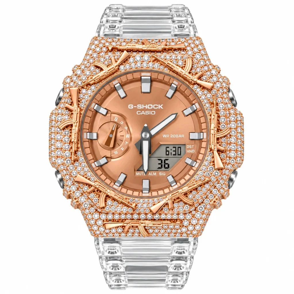 G-Shock Custom Hip Hop Watch – Moissanite AK Gun Rose Gold Iced Out - Luxury Mod GA2100