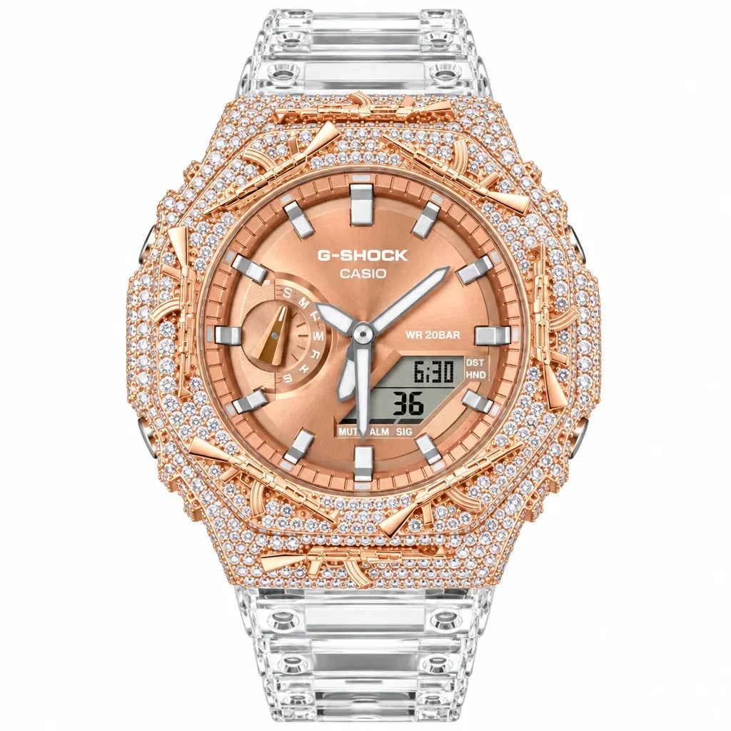 G-Shock Custom Hip Hop Watch – Moissanite AK Gun Rose Gold Iced Out - Luxury Mod GA2100