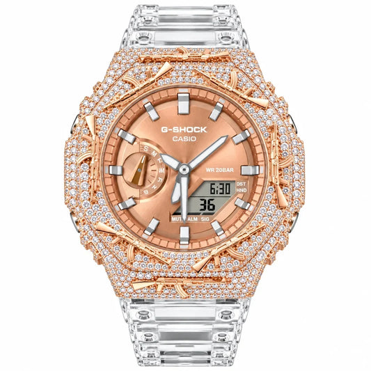 G-Shock Custom Hip Hop Watch – Moissanite AK Gun Rose Gold Iced Out - Luxury Mod GA2100