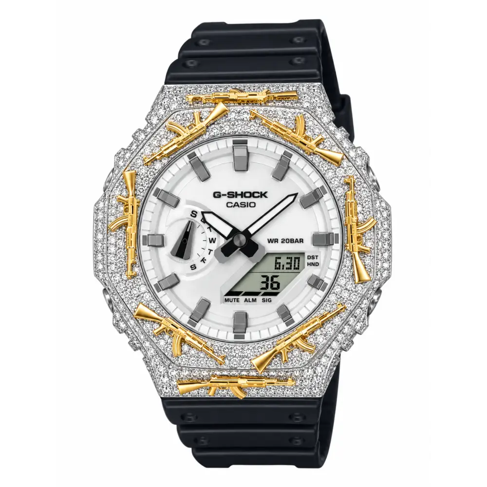G-Shock Custom Hip Hop Watch – Moissanite AK Gun Silver Gold Iced Out - Luxury Mod GA2100