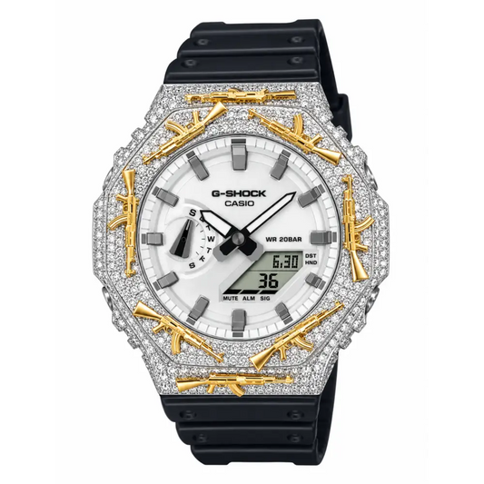 G-Shock Custom Hip Hop Watch – Moissanite AK Gun Silver Gold Iced Out - Luxury Mod GA2100