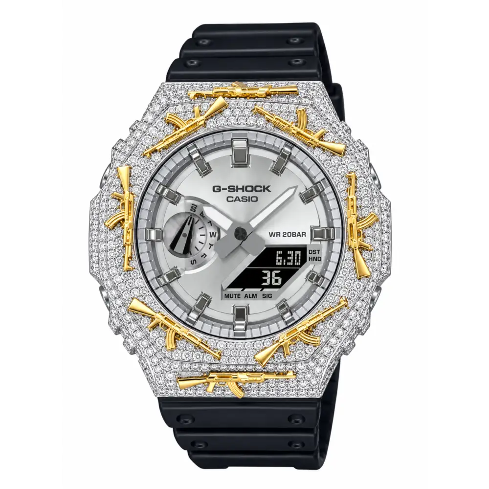 G-Shock Custom Hip Hop Watch – Moissanite AK Gun Silver Gold Iced Out - Luxury Mod GA2100