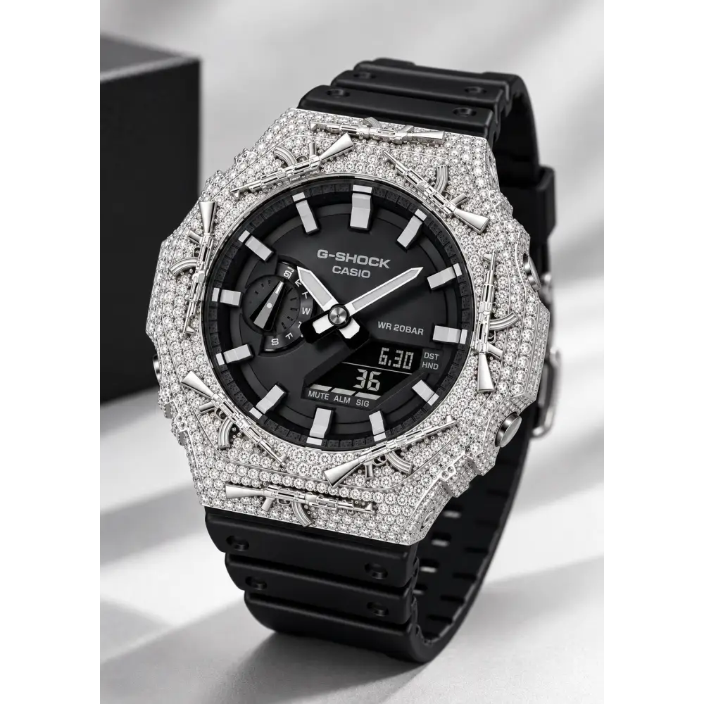 G-Shock Custom Hip Hop Watch – Moissanite AK Gun Silver White Iced Out - Luxury Mod GA2100