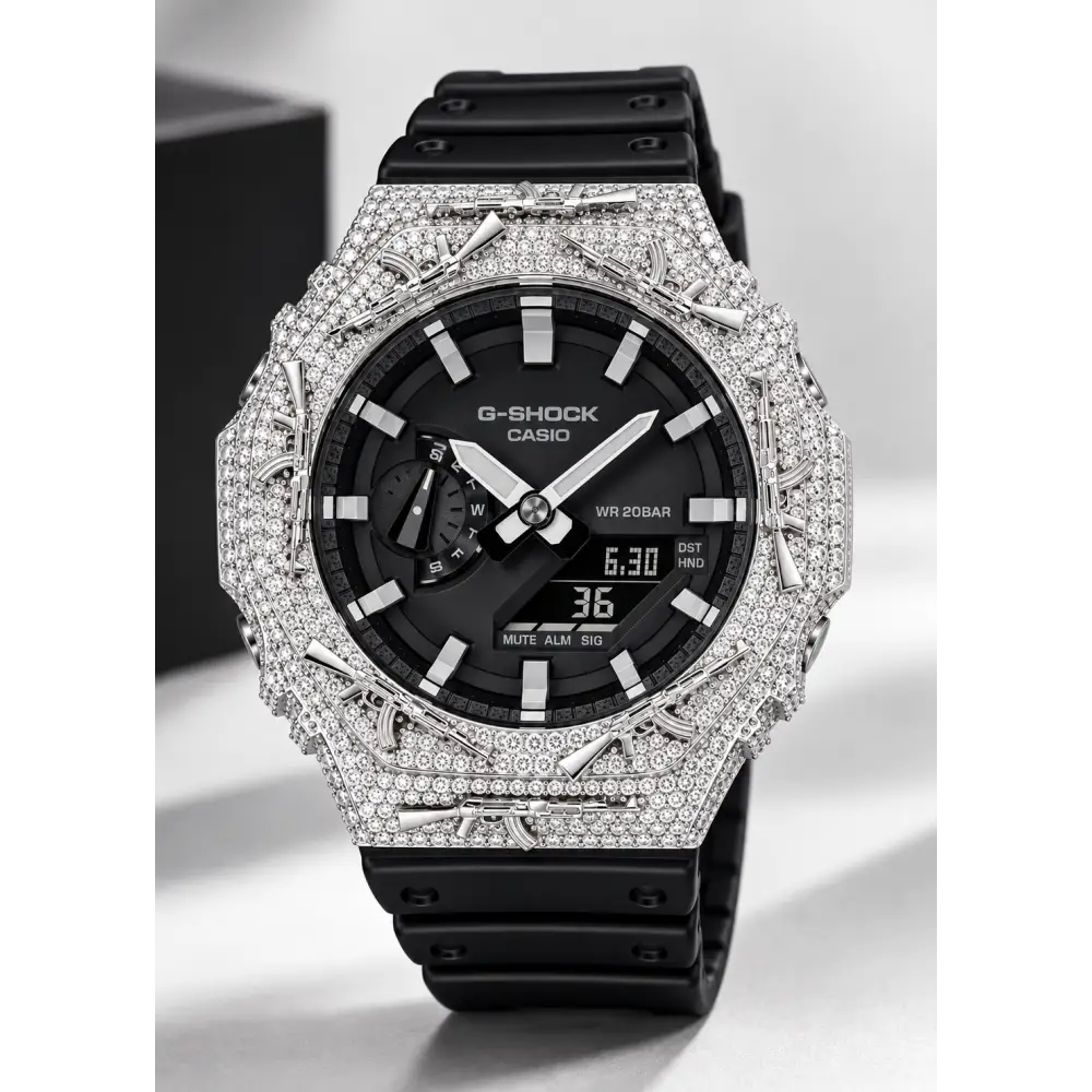 G-Shock Custom Hip Hop Watch – Moissanite AK Gun Silver White Iced Out - Luxury Mod GA2100