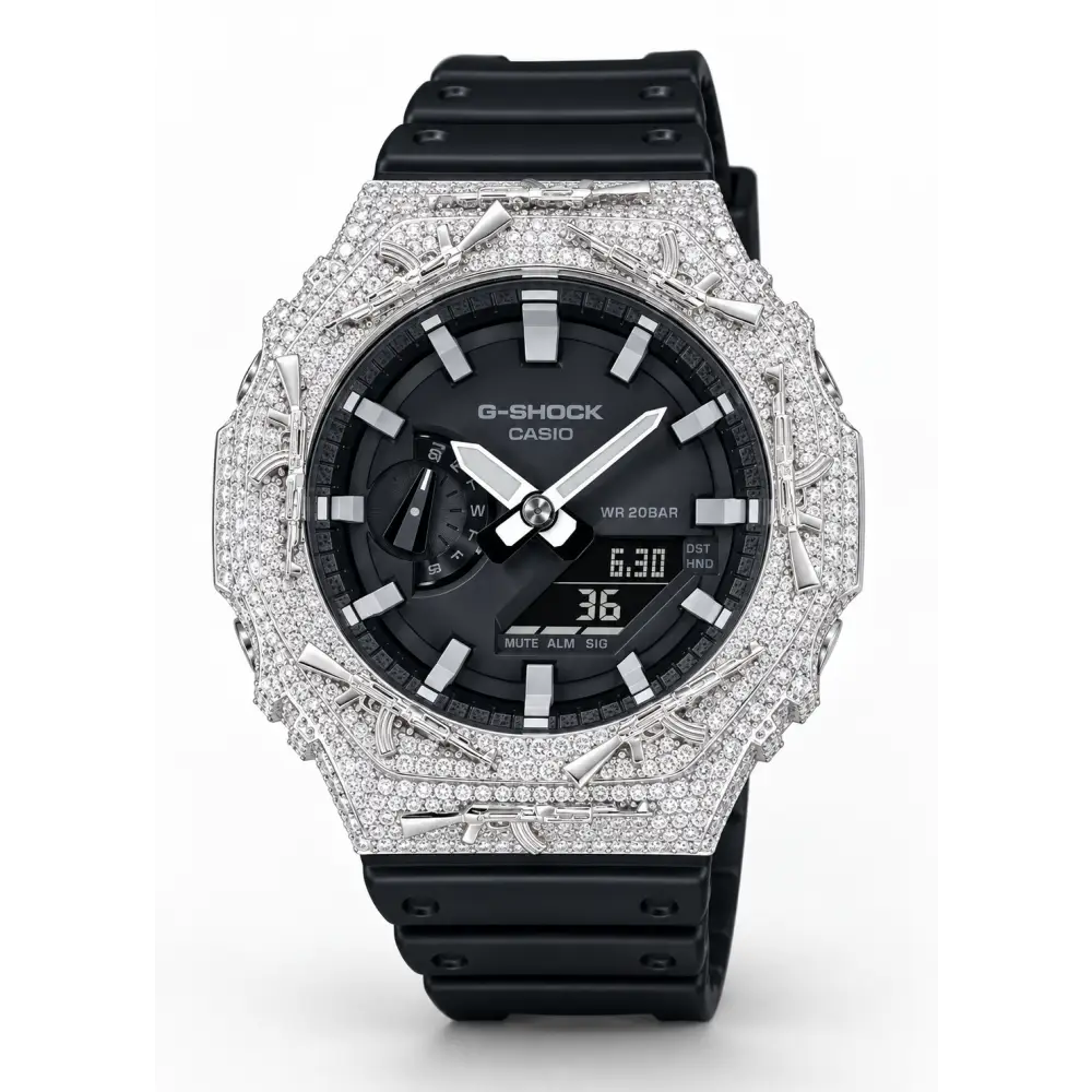 G-Shock Custom Hip Hop Watch – Moissanite AK Gun Silver White Iced Out - Luxury Mod GA2100