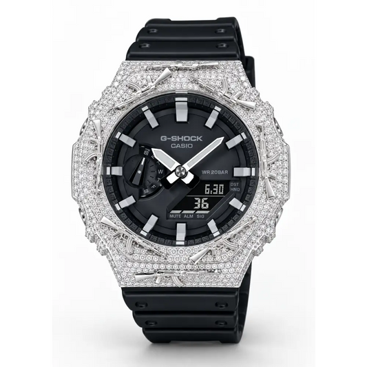 G-Shock Custom Hip Hop Watch – Moissanite AK Gun Silver White Iced Out - Luxury Mod GA2100