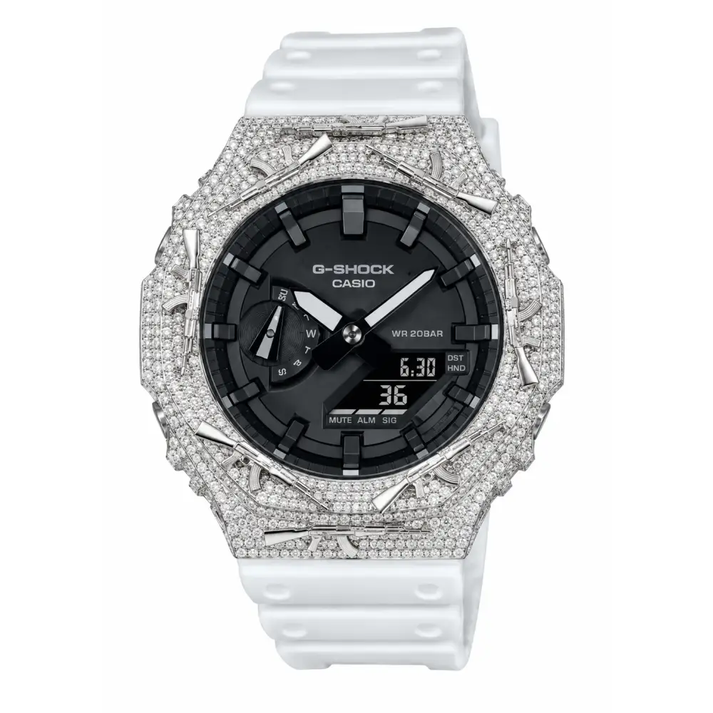 G-Shock Custom Hip Hop Watch – Moissanite AK Gun Silver White Iced Out - Luxury Mod GA2100