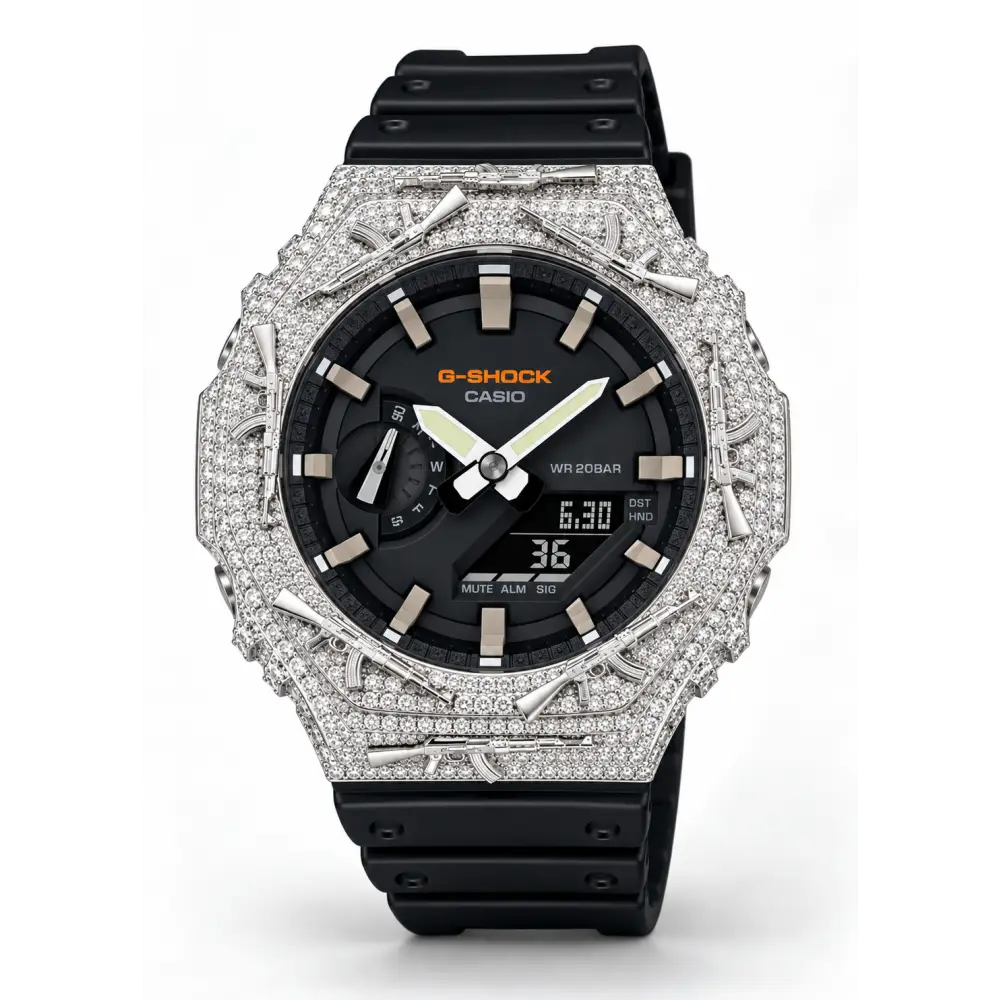 G-Shock Custom Hip Hop Watch – Moissanite AK Gun Silver White Iced Out - Luxury Mod GA2100
