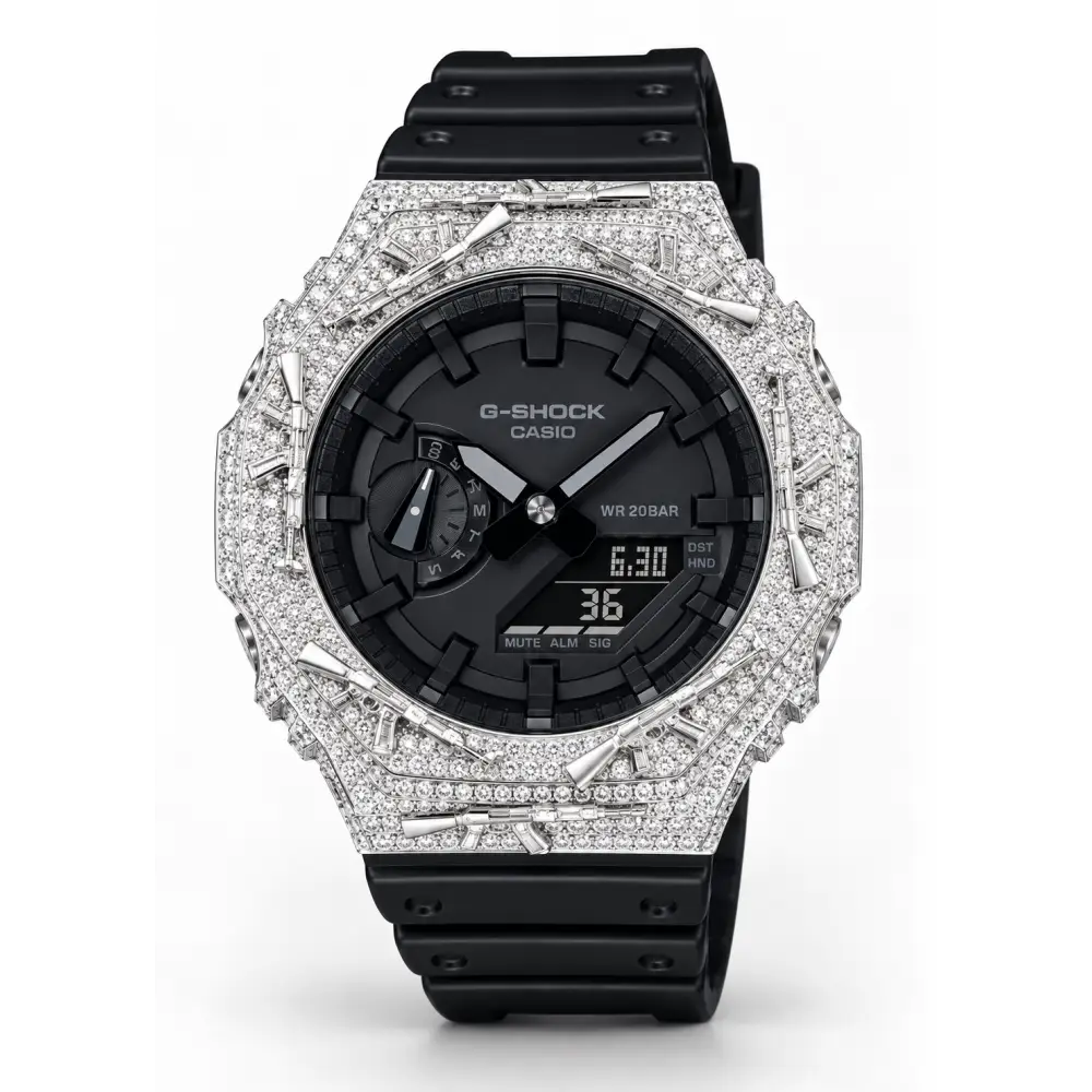 G-Shock Custom Hip Hop Watch – Moissanite AK Gun Silver White Iced Out - Luxury Mod GA2100