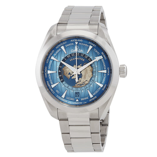 Omega Seamaster World Time GMT Automatic Chronometer Summer Blue Dial Men's Watch 220.10.43.22.03.002