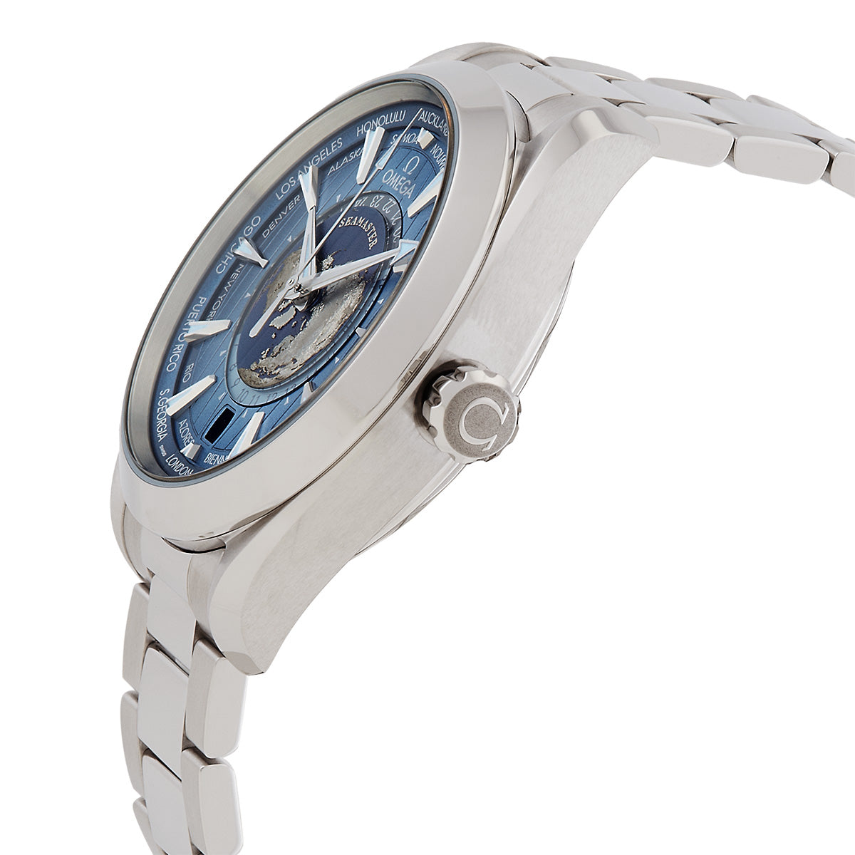 Omega Seamaster World Time GMT Automatic Chronometer Summer Blue Dial Men's Watch 220.10.43.22.03.002